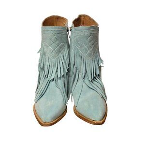 Free People Womens 7 Lawless Fringe Western Suede Ankle Boots Turquoise Boho